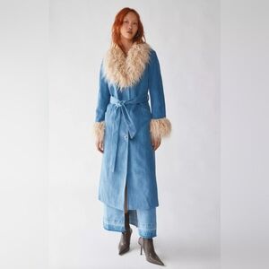 Urban Outfitters Blue Coat with Cream Fur Trim